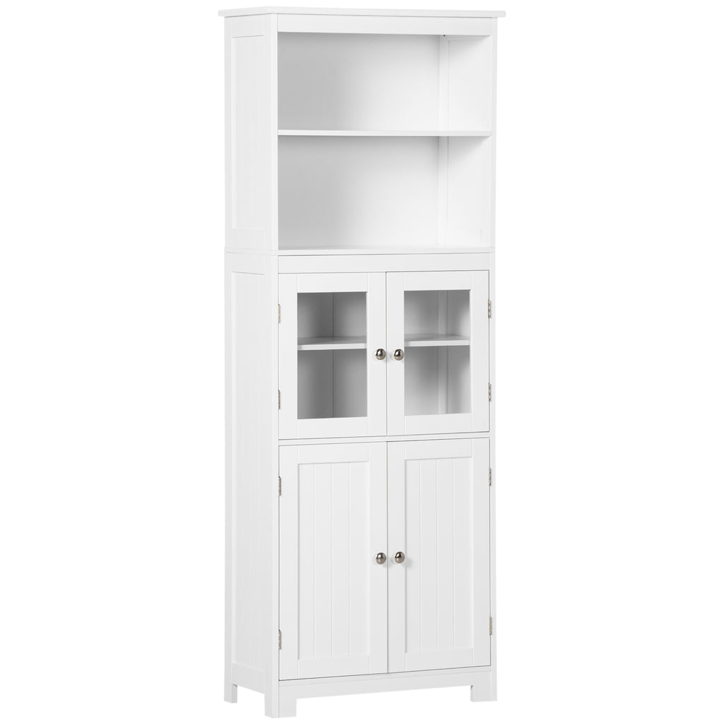 Mobile Pantry with 2 Open Shelves and 2 Cabinets with Doors, in MDF and Glass, 60x30x162 cm, White