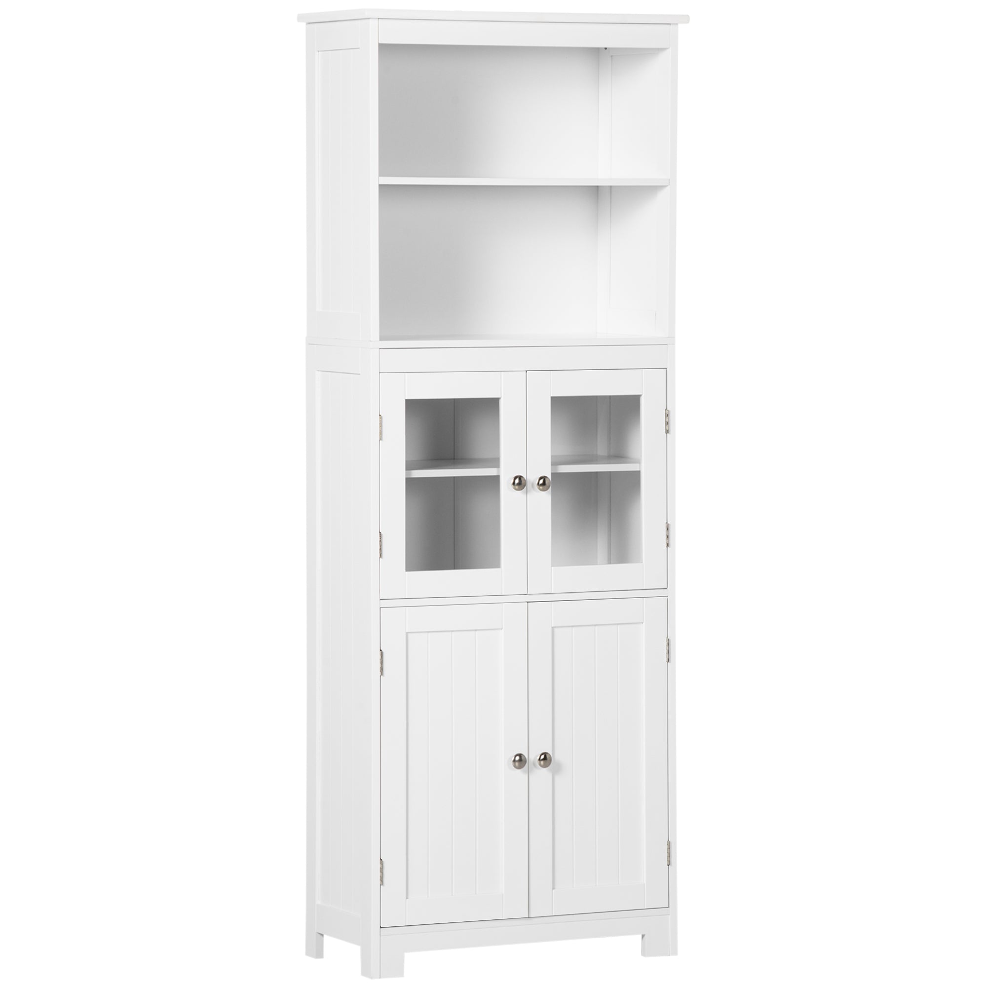 Mobile Pantry with 2 Open Shelves and 2 Cabinets with Doors, in MDF and Glass, 60x30x162 cm, White