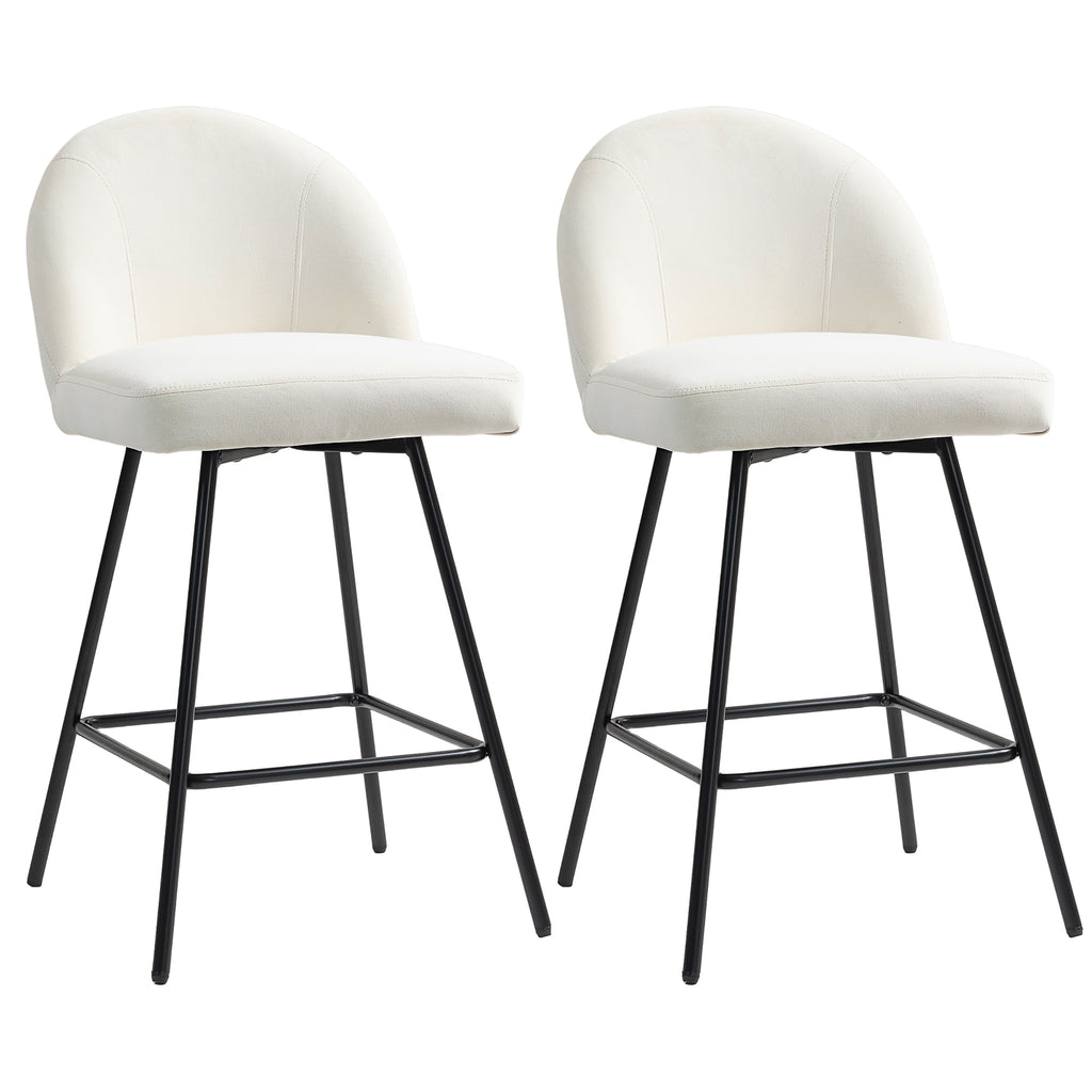 Set of 2 Bar Stools with Velvet Backrest and Steel Footrest, Cream White