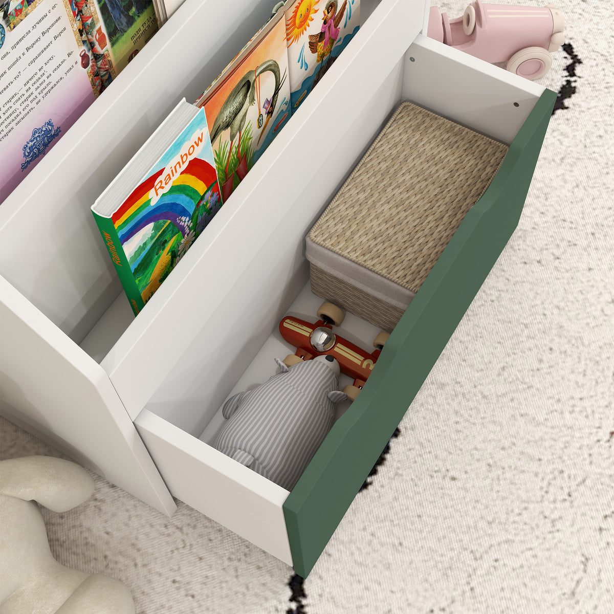 Children's Bookcase for 3-8 Years Old, 3-Tier, with Lower Drawer, MDF, 62.5x30x70 cm, Green