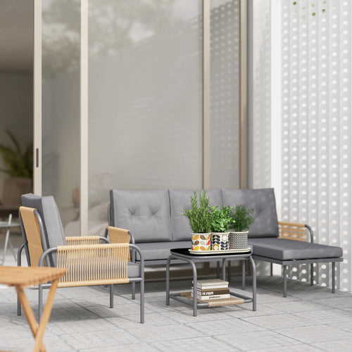 4 Piece Rattan Garden Lounge Set with Sofa, Chaise Longue, Armchair and Coffee Table with Cushions, Grey