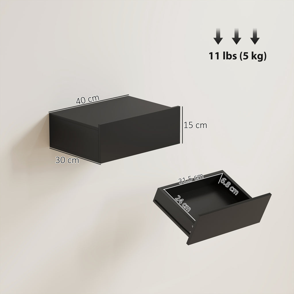 HOMCOM Set of 2 Modern Floating Bedside Tables with Wooden Drawer, 40x30x15cm, Black
