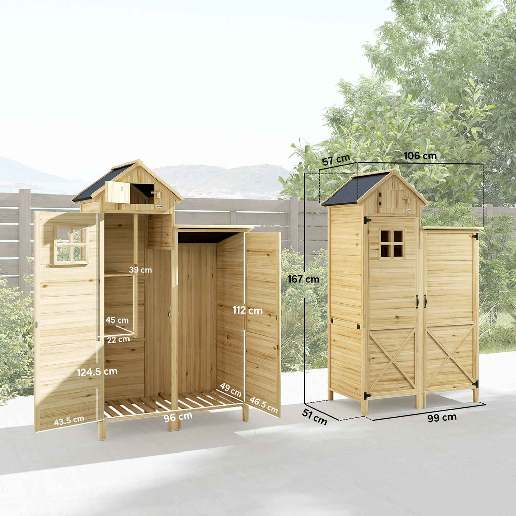 Outsunny 2-Zone Tool Shed with Adjustable Shelves and Window, Fir Wood, 106x57x167 cm, Wood Color