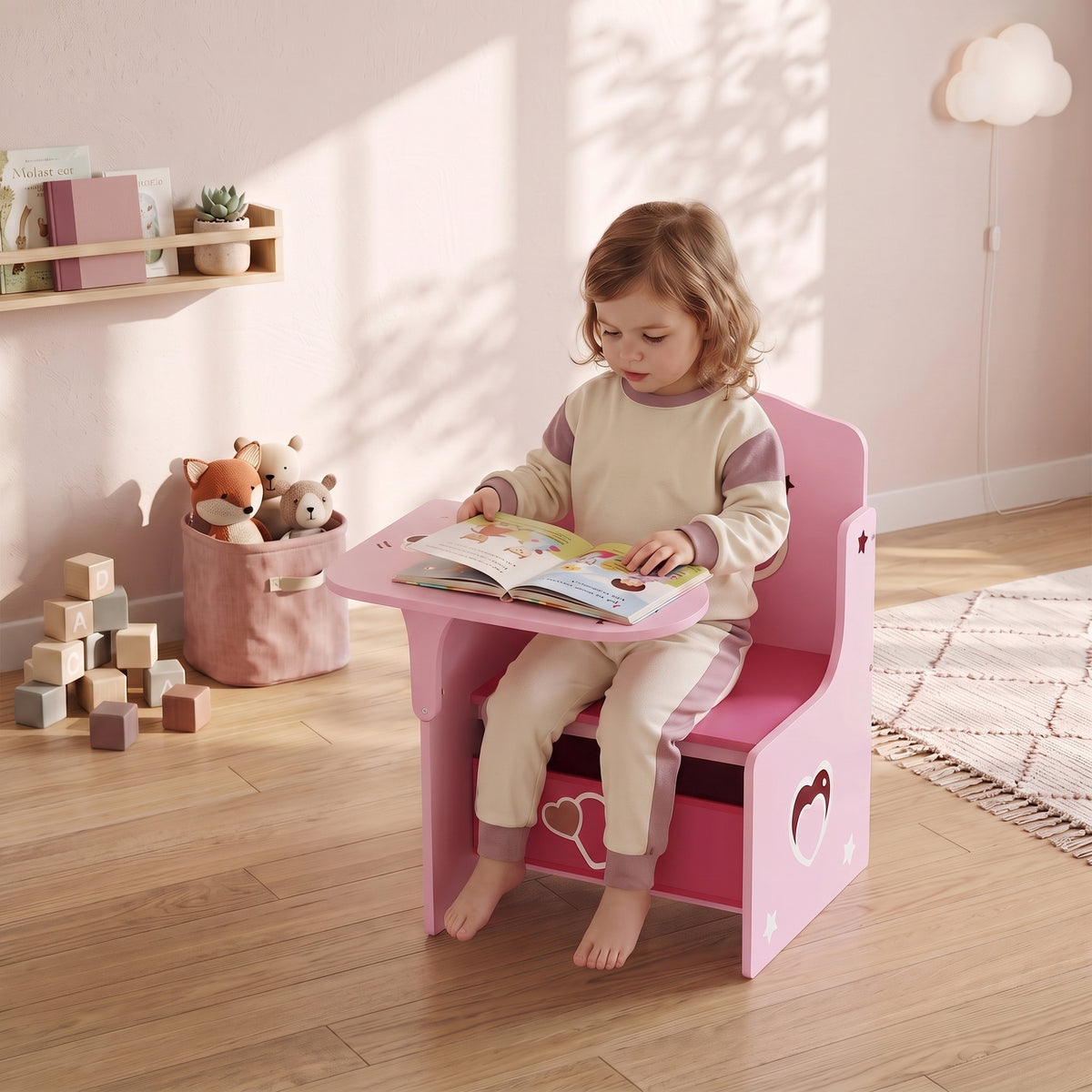 AIYAPLAY Children's Table and Chair Set for 3-5 Years Old in MDF Wood with Heart Patterns, Integrated Storage, Pink
