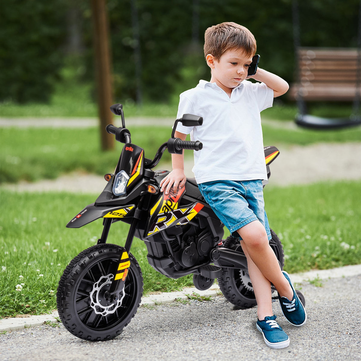 AIYAPLAY Electric Motorcycle for Children 37-96 Months with 12V Dual Motors and Removable Wheels, 30kg Capacity, Yellow