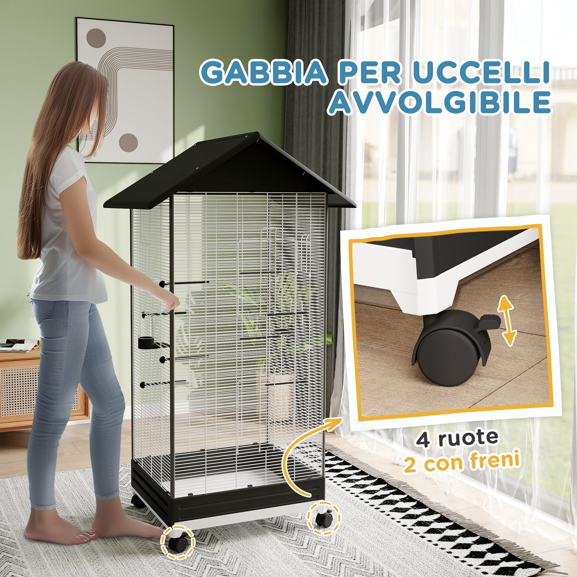 Bird Cage with Wheels and Removable Tray, 155 cm High Aviary with Perches and Feeders, Black