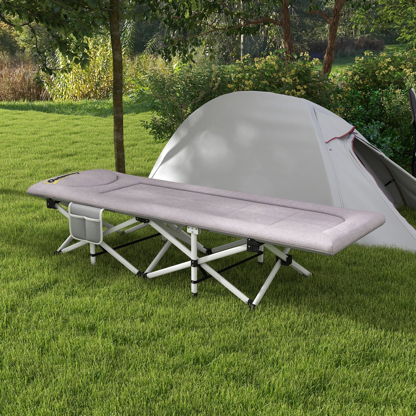 Outsunny Camping Bed with Headrest and Pocket, in Steel and Oxford Fabric, 200x65x42 cm, Gray - Borgè