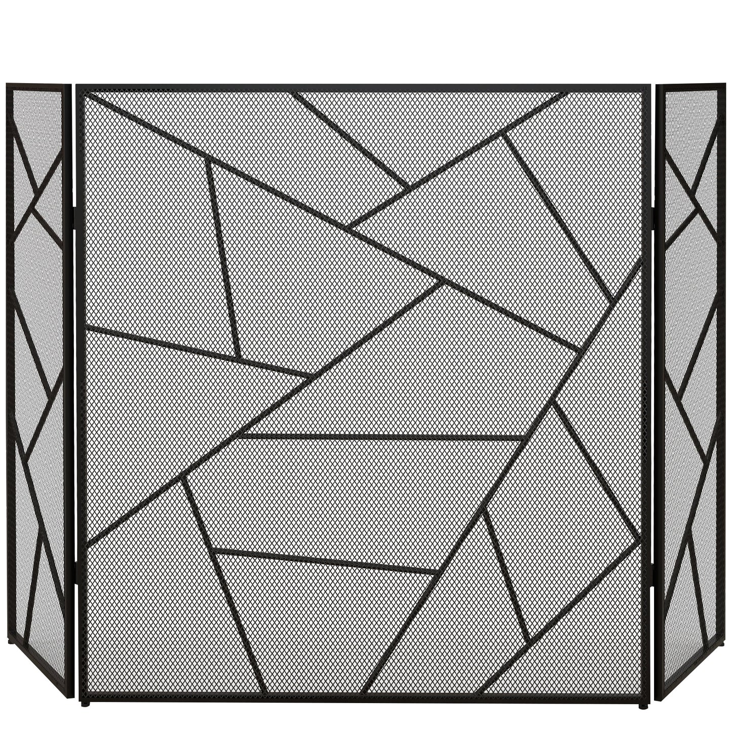 3-Panel Foldable Fireplace Spark Guard with Geometric Design, 135x1.2x85cm, Black