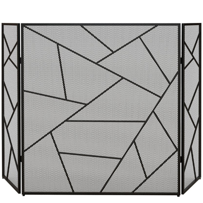 3-Panel Foldable Fireplace Spark Guard with Geometric Design, 135x1.2x85cm, Black