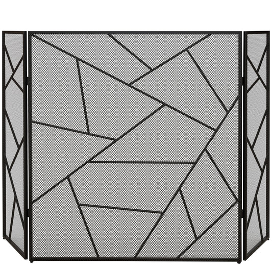 3-Panel Foldable Fireplace Spark Guard with Geometric Design, 135x1.2x85cm, Black