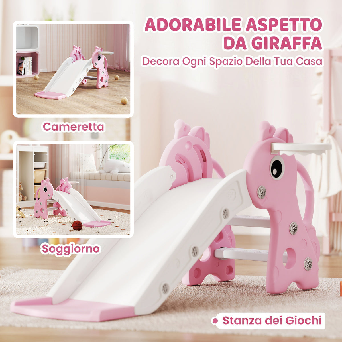 AIYAPLAY Kids Slide with Ladder, Basketball Hoop and Ball, Giraffe Design, for Children 1-3 Years Old, Pink