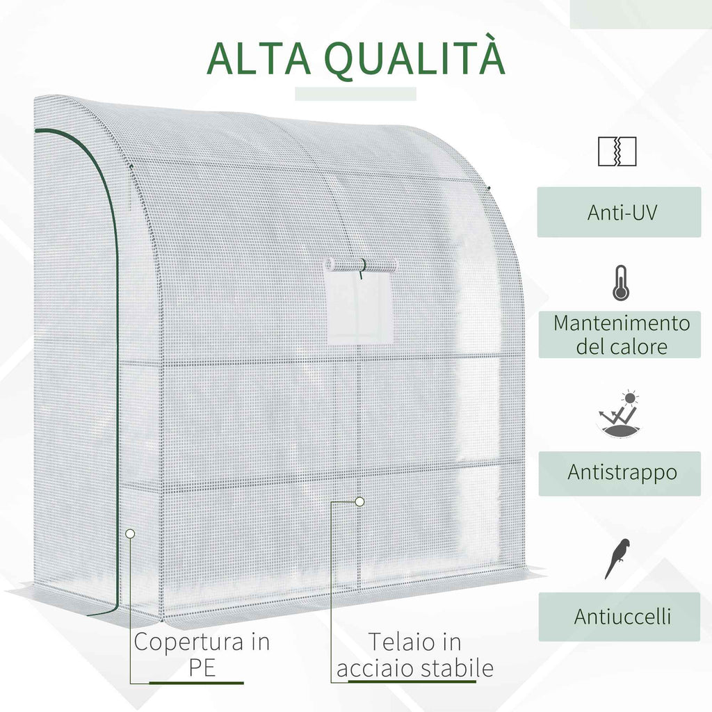 Outsunny 3-Tier Lean-To Greenhouse with Roll-Up Doors and Windows, PE and Steel, 200x100x215 cm, Green and White