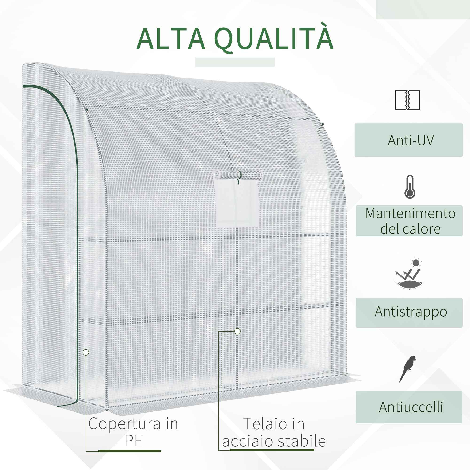 Outsunny 3-Tier Lean-To Greenhouse with Roll-Up Doors and Windows, PE and Steel, 200x100x215 cm, Green and White