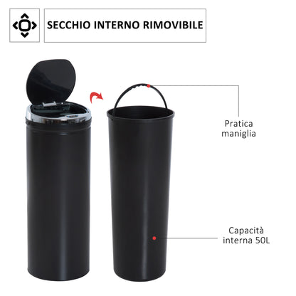 HOMCOM Automatic Dustbin with Infrared Sensor and 50L Capacity, Stainless Steel and Plastic, Black, 30.5x30.5x81.5cm - Borgè