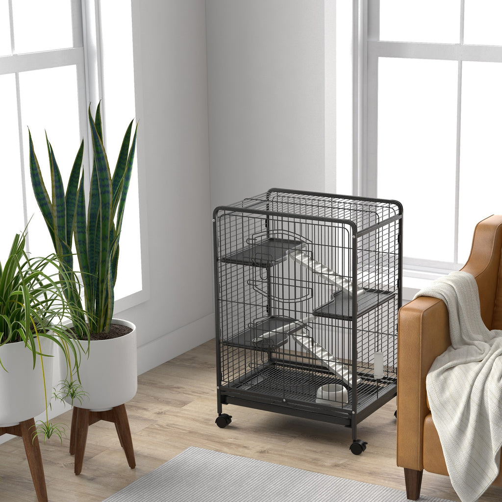 Small Animal Cage with Wheels, Rabbit and Chinchilla Cage with 3 Ramps and 3 Platforms, Bowl and Bottle, 61.5x44x95 cm, Black