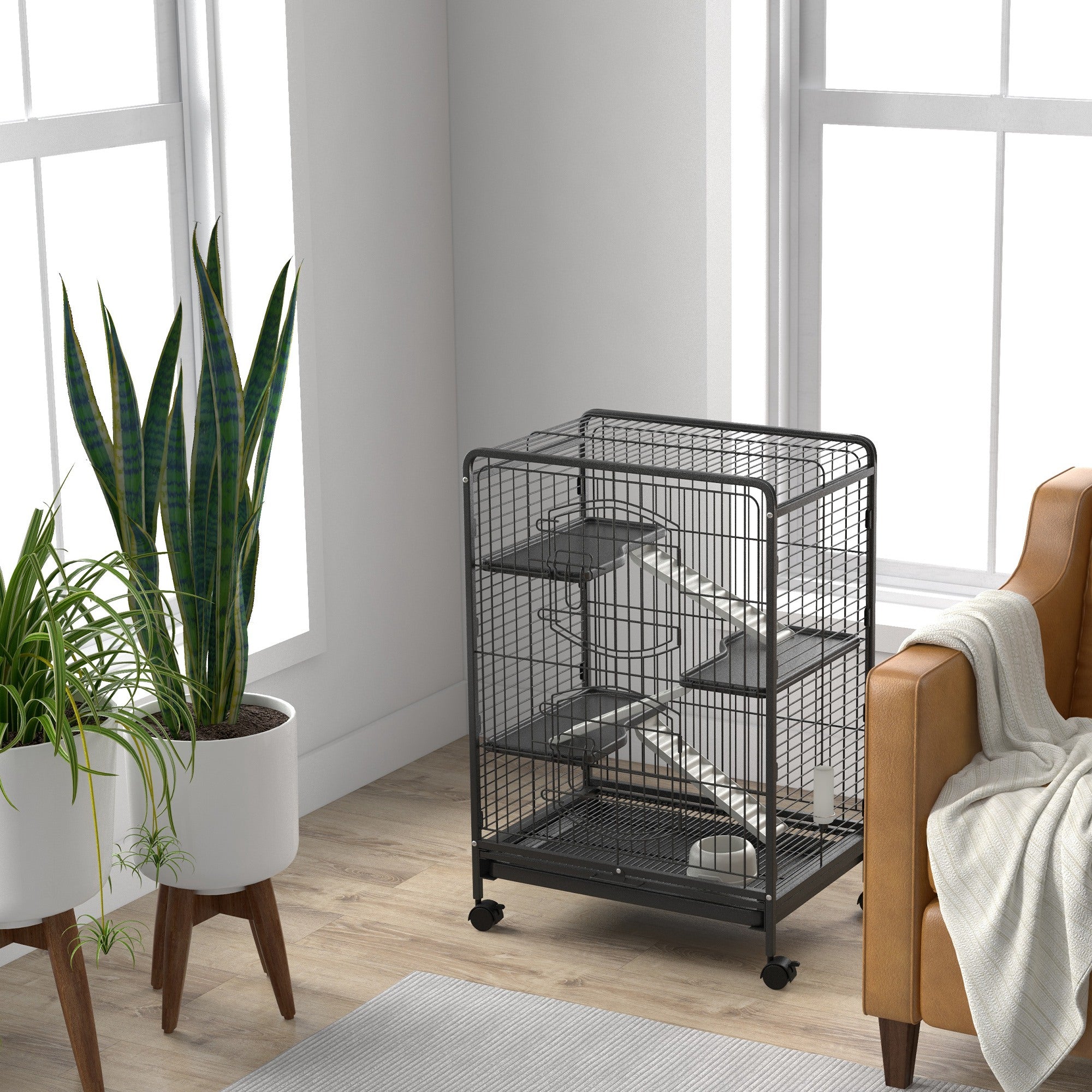 Small Animal Cage with Wheels, Rabbit and Chinchilla Cage with 3 Ramps and 3 Platforms, Bowl and Bottle, 61.5x44x95 cm, Black