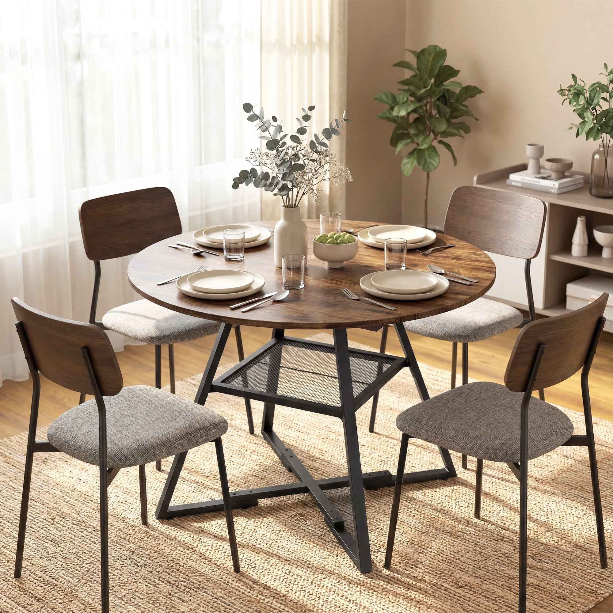 4-Seater Dining Table, 100cm Round, Industrial Kitchen, Storage Shelf, Rustic Brown.