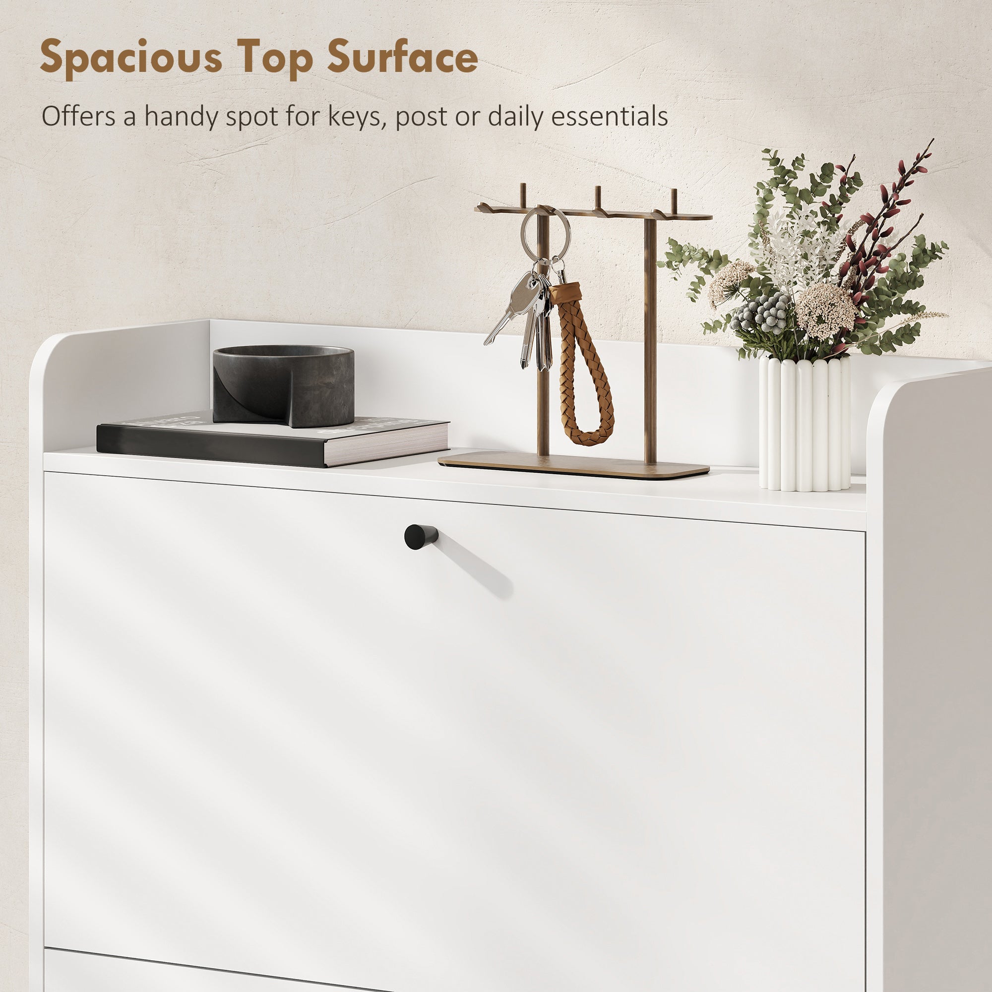 Slim Shoe Rack with 2 Flap Drawers and Adjustable Shelves, Made of Wood and Metal, 80x24x101 cm, White