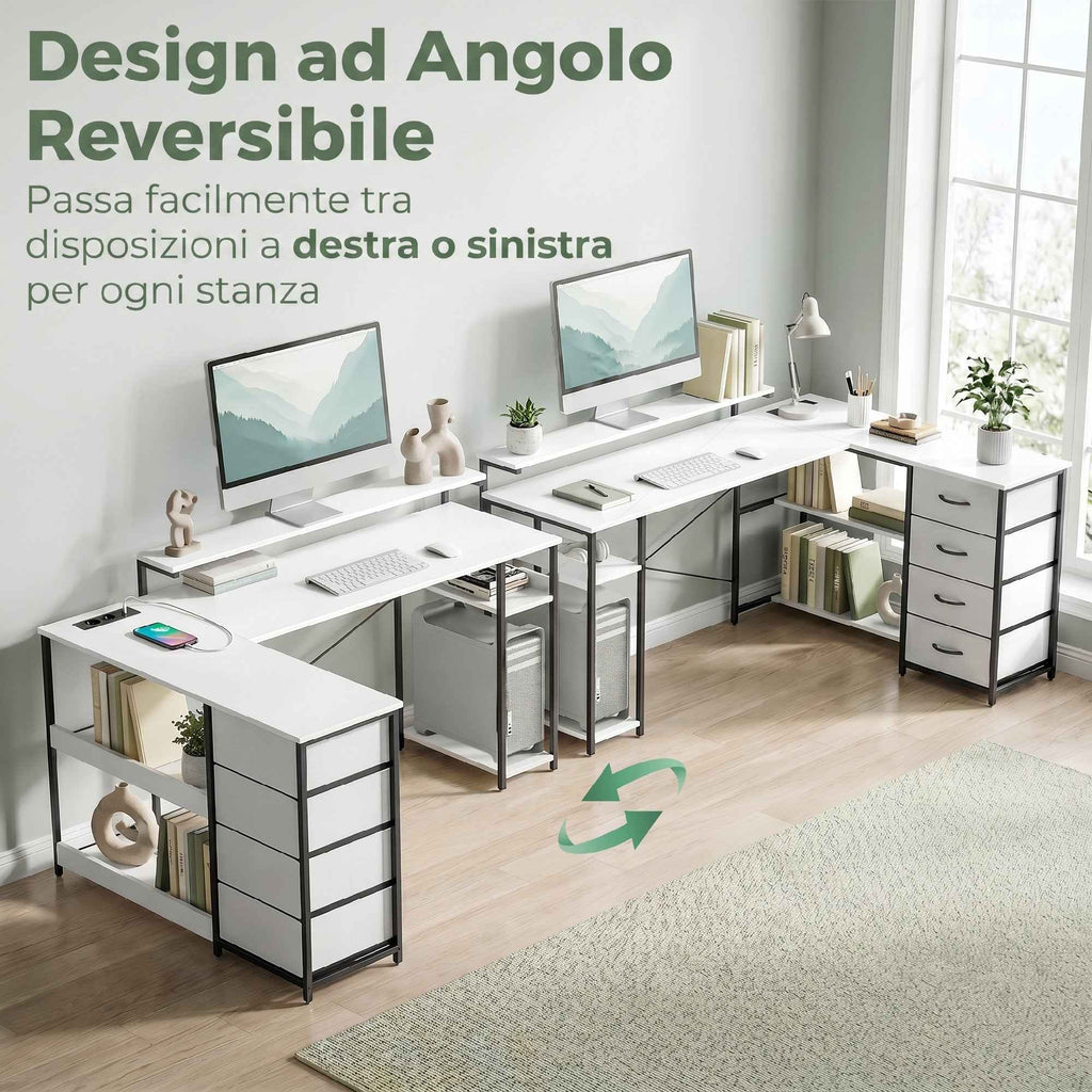HOMCOM Corner Desk with Sockets, 4 Fabric Drawers, Monitor Riser and 2 Hooks, 155x112x85.5-91.5 cm, Black and White