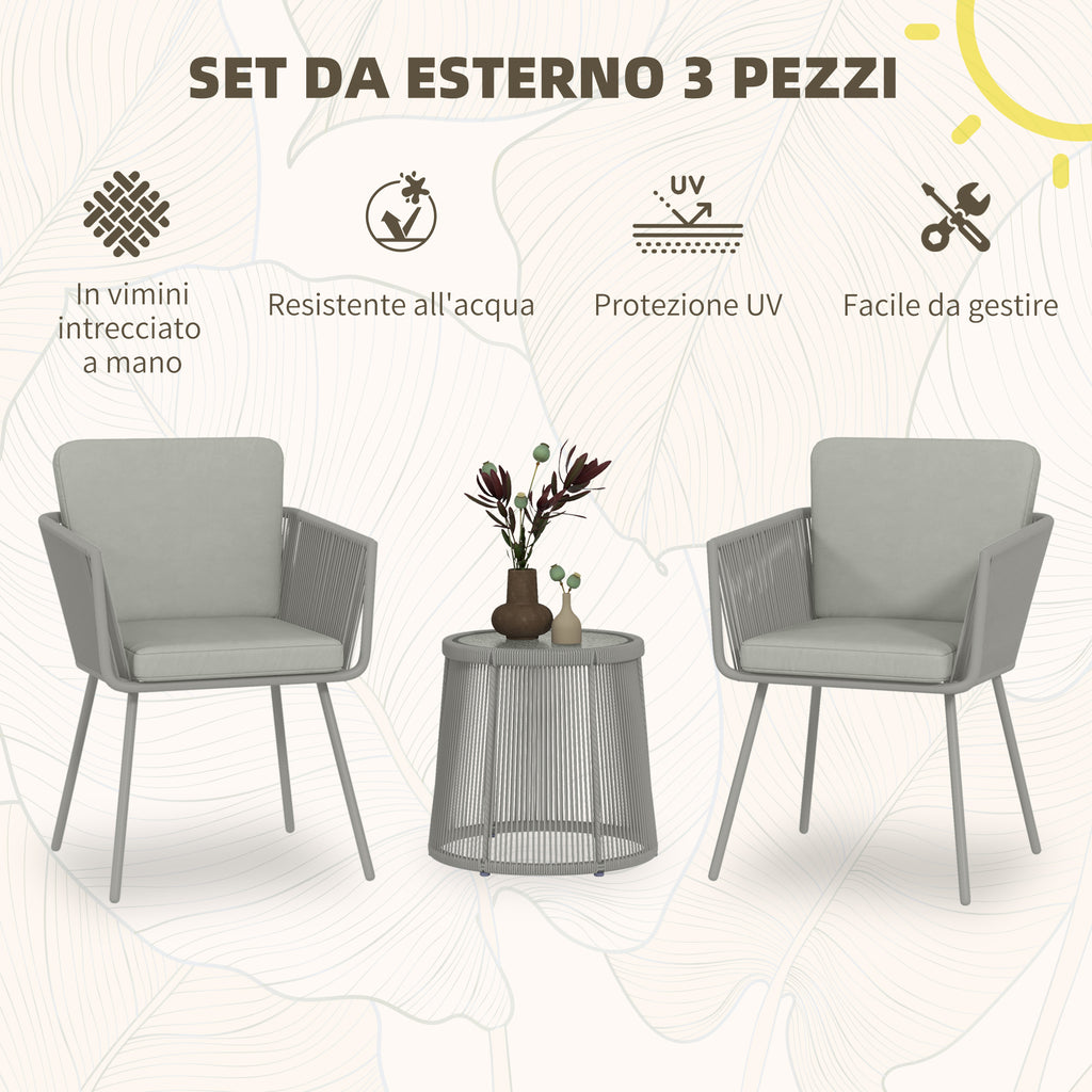 Outdoor Set with Glass Coffee Table and 2 Rattan Garden Chairs Boho Style, Light Grey