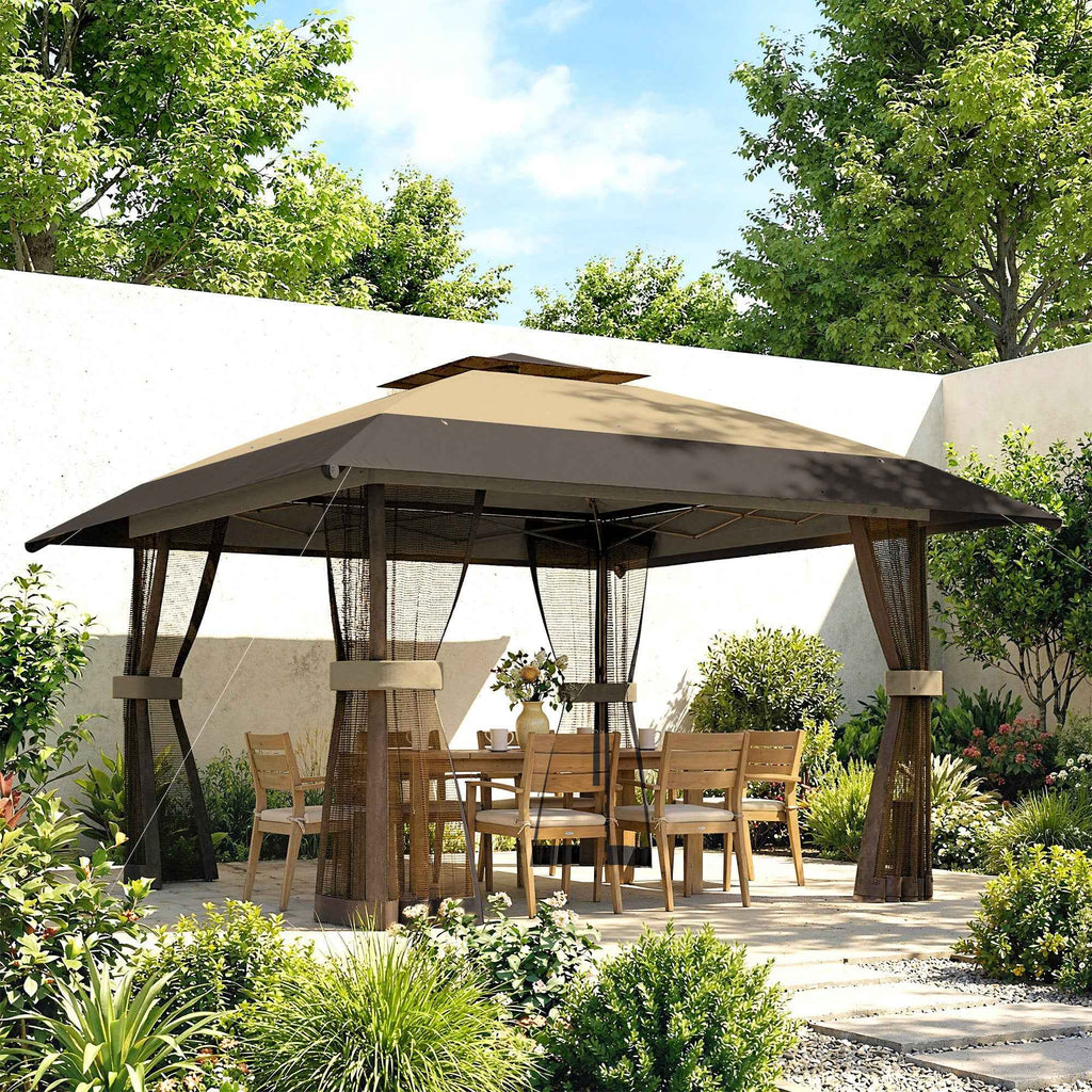 Outsunny 4x4m Folding Gazebo with 4 Side Mosquito Nets, Double Roof, and Sandbags, Khaki and Brown