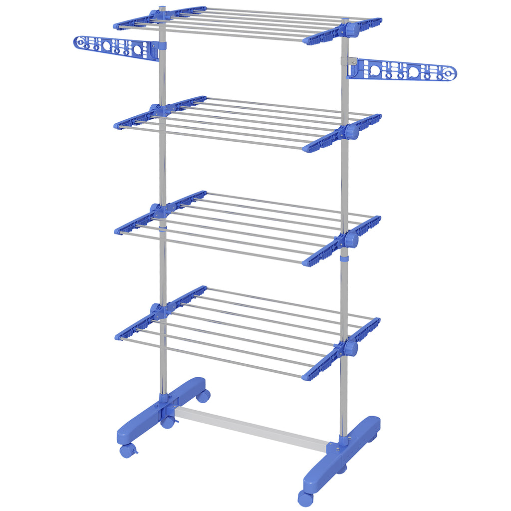 HOMCOM Vertical Drying Rack with 4 Adjustable Shelves, in Steel and Plastic, 142x55x172 cm, Blue and Silver - Borgè