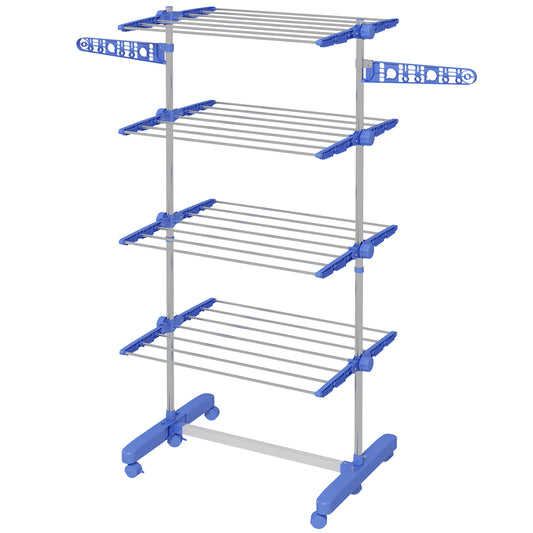 HOMCOM Vertical Drying Rack with 4 Adjustable Shelves, in Steel and Plastic, 142x55x172 cm, Blue and Silver