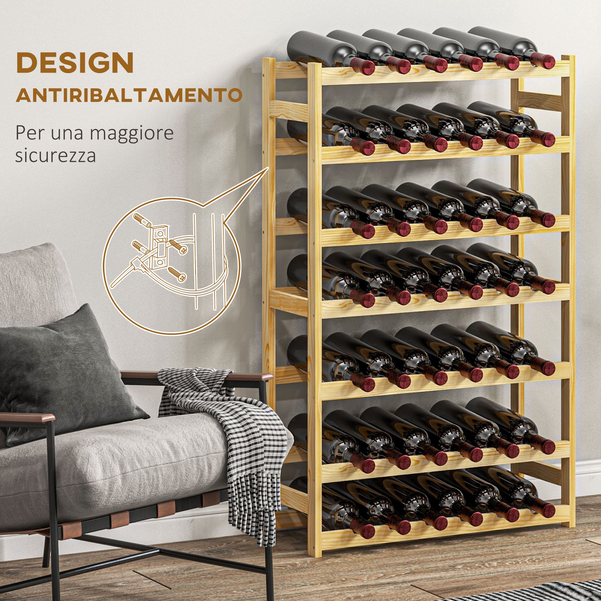 7-Tier Wine Rack for 42 Bottles of Wine, Natural Pine Wood, 63x25x102cm