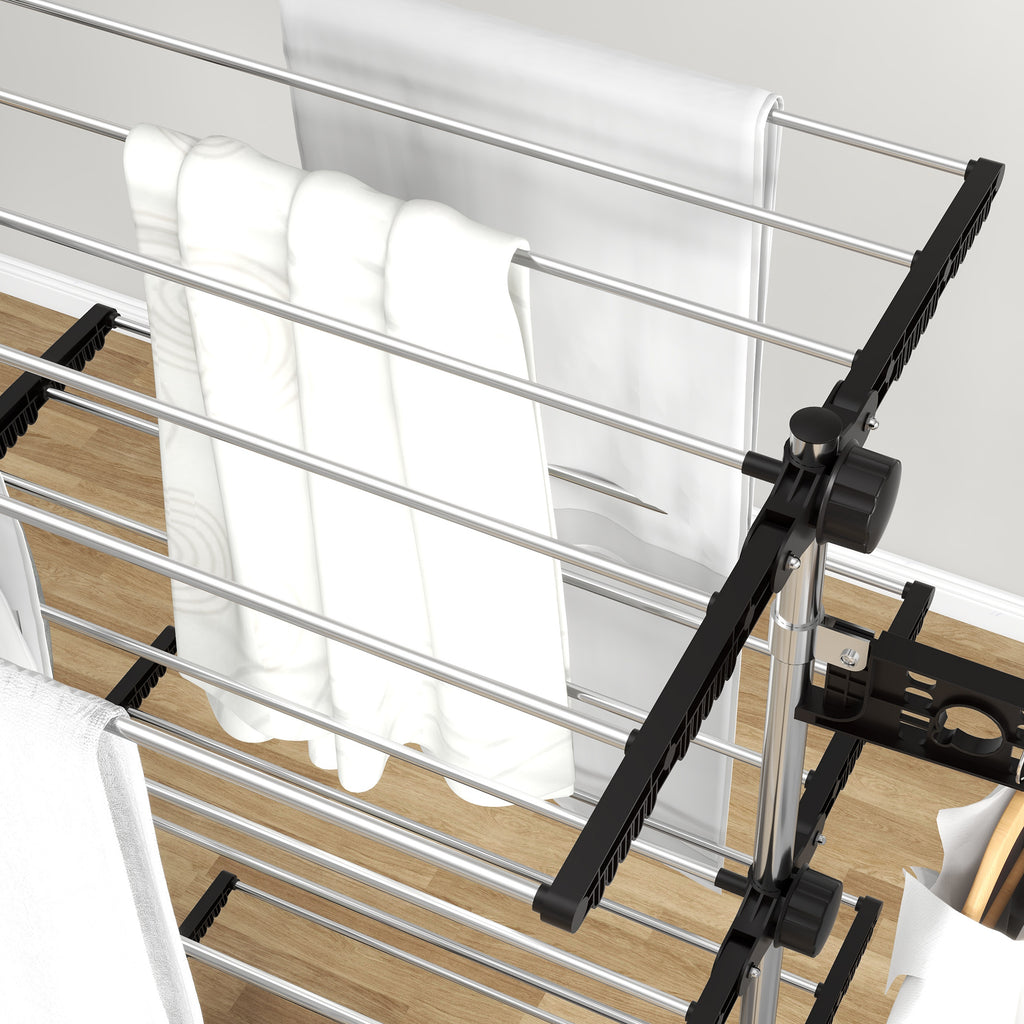 Vertical Clothes Drying Rack with 4 Adjustable Shelves, in Steel and Plastic, 142x55x172 cm, Black and Silver