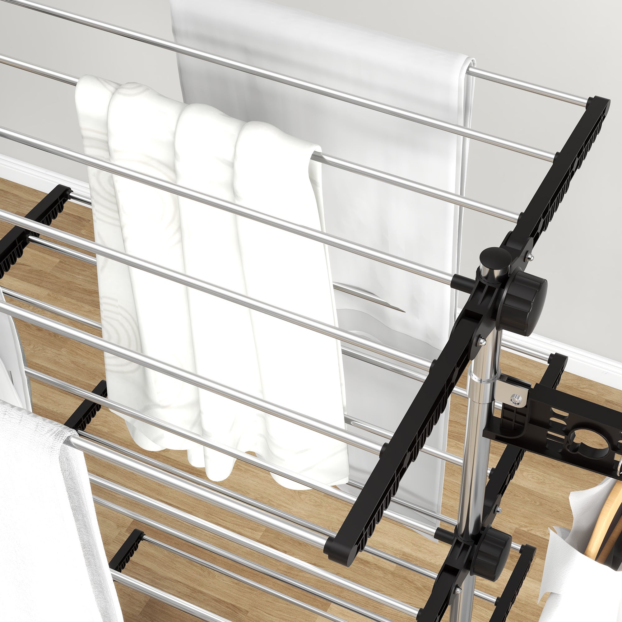 Vertical Clothes Drying Rack with 4 Adjustable Shelves, in Steel and Plastic, 142x55x172 cm, Black and Silver