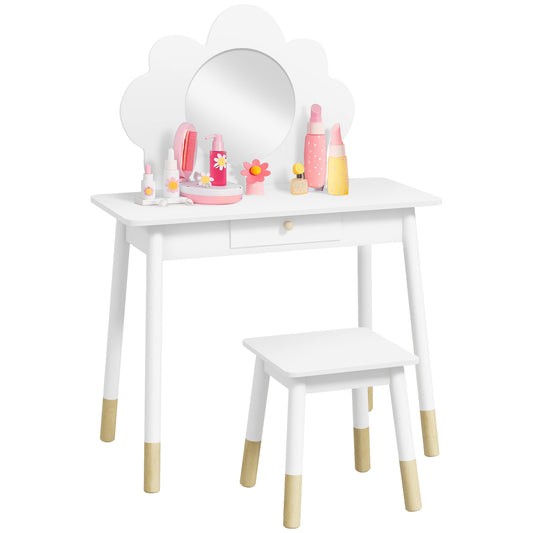 Girls Makeup Set 3-6 Years Old with Stool and Dressing Table with Mirror and Drawer in White Wood