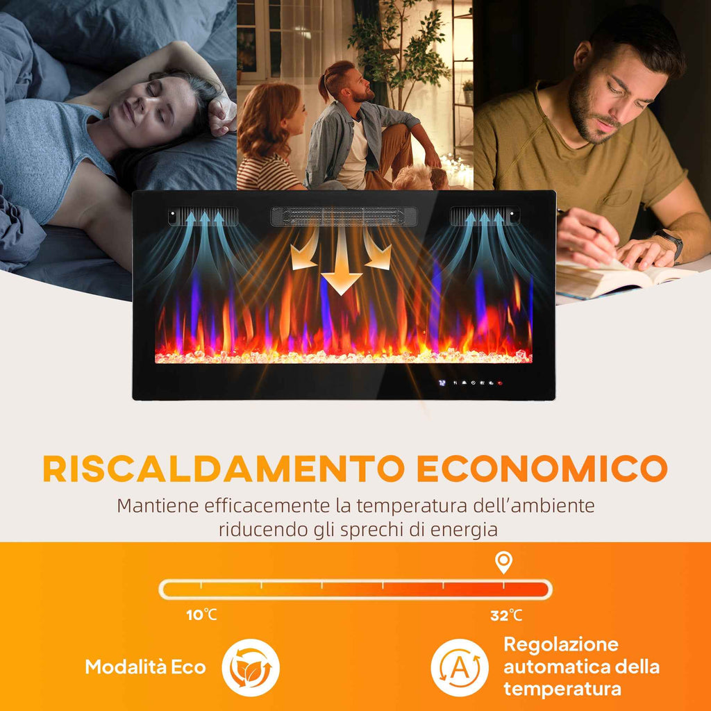 HOMCOM Built-in or Wall-Mounted Electric Fireplace with Adjustable Temperature, Steel and Glass, 91.4 x 9.4 x 47 cm, Black