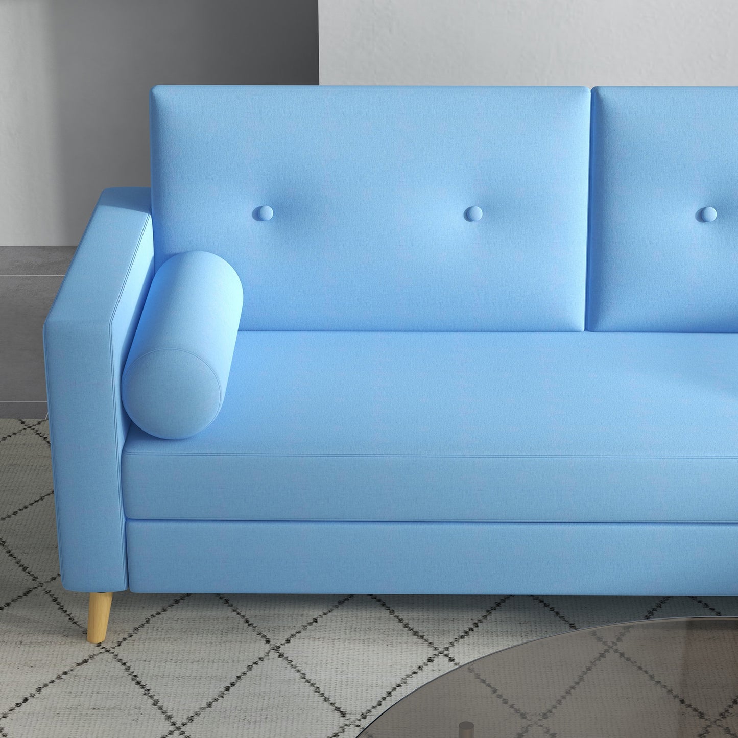 NUVOLA - 3 Seater Fabric Sofa with 2 Cylinder Cushions, 180x81x83cm, Blue