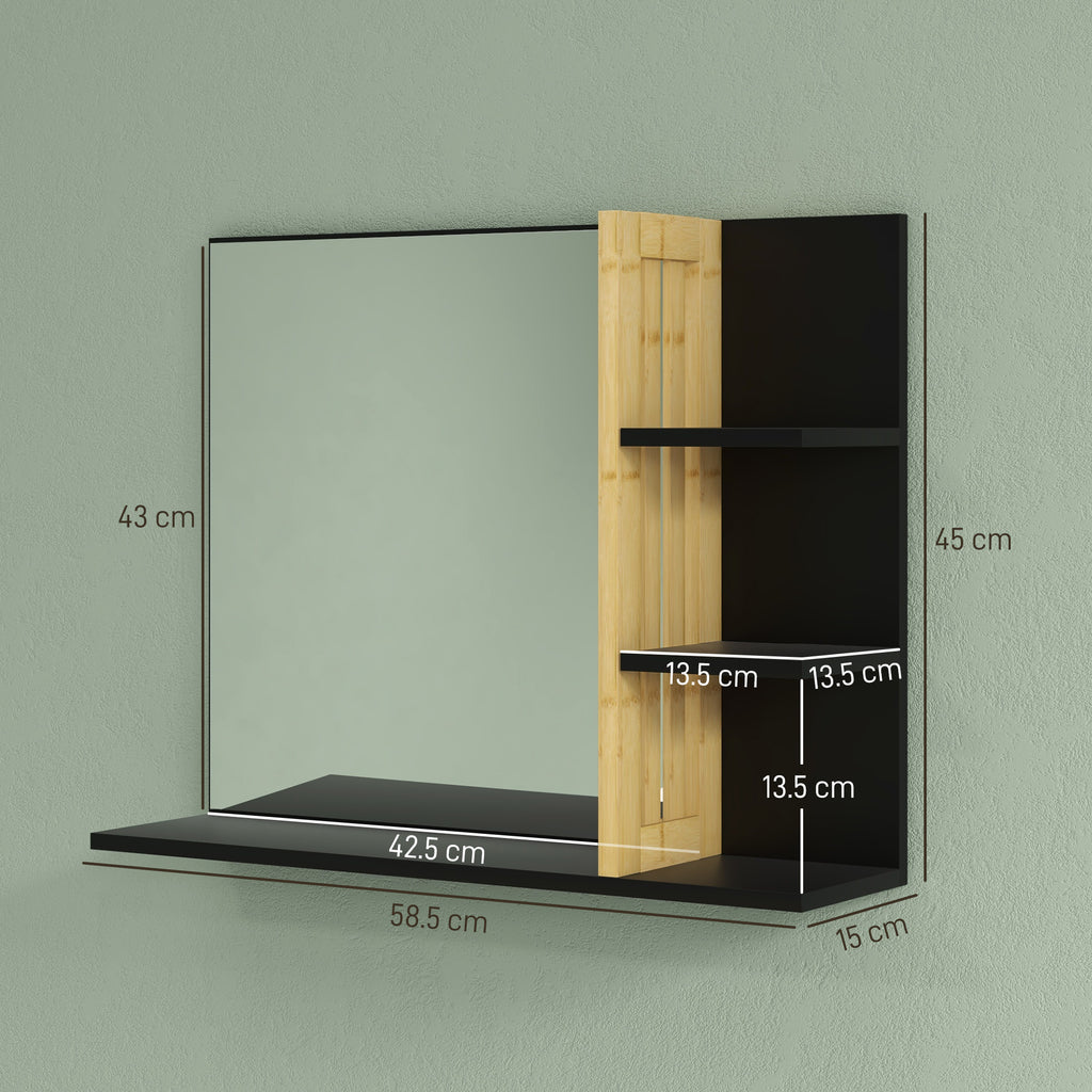 HOMCOM Modern Wall Bathroom Mirror with 4 Wooden Shelves, 45x15x58.5cm, Black - Borgè