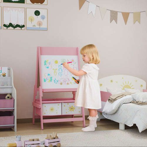 3-in-1 Children's Chalkboard with Easel, Paper Roll and 2 Baskets, Wooden, 54x46x94 cm, Pink