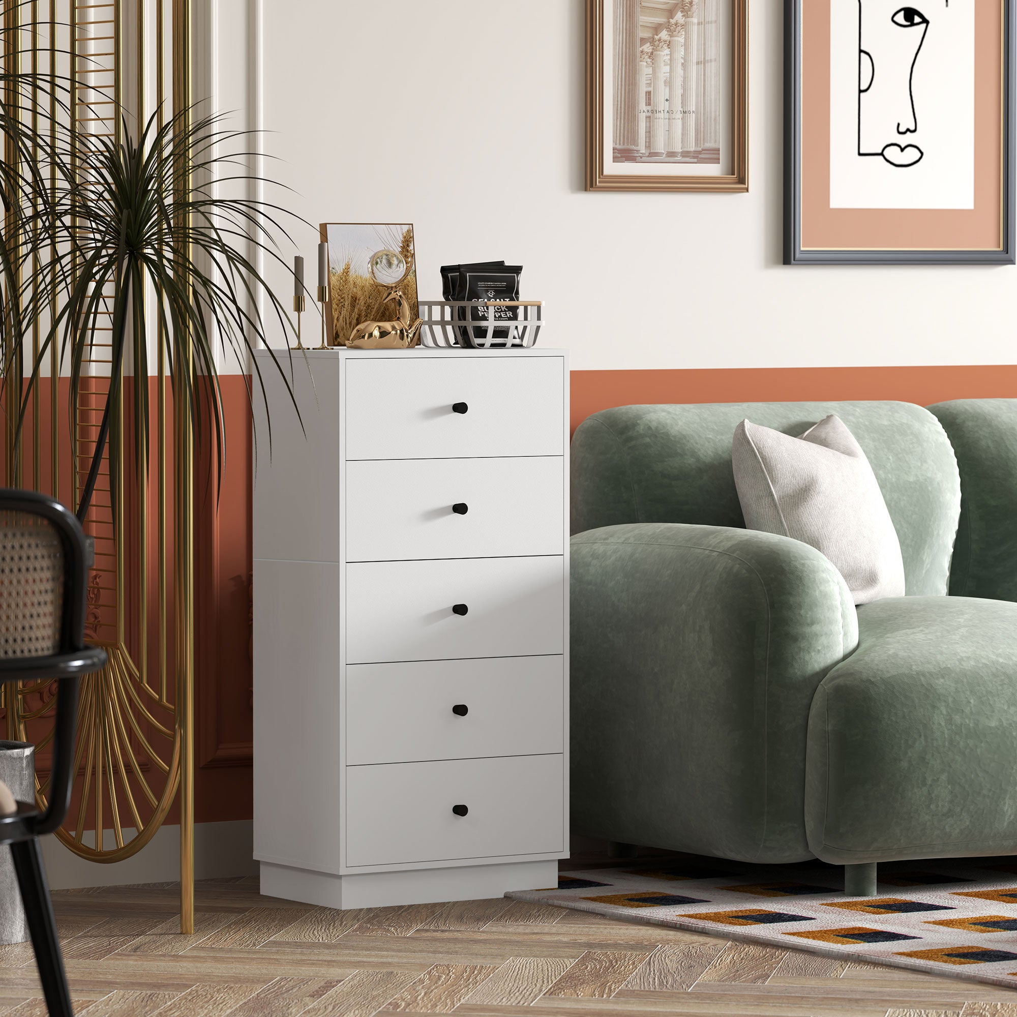 Chest of 5 drawers for modern and space-saving bedroom, 47x29x95 cm, White