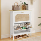 Slim Boho Style Shoe Rack with 2 Folding Drawers for 14 Pairs of Shoes, 80x24x95.5 cm, White