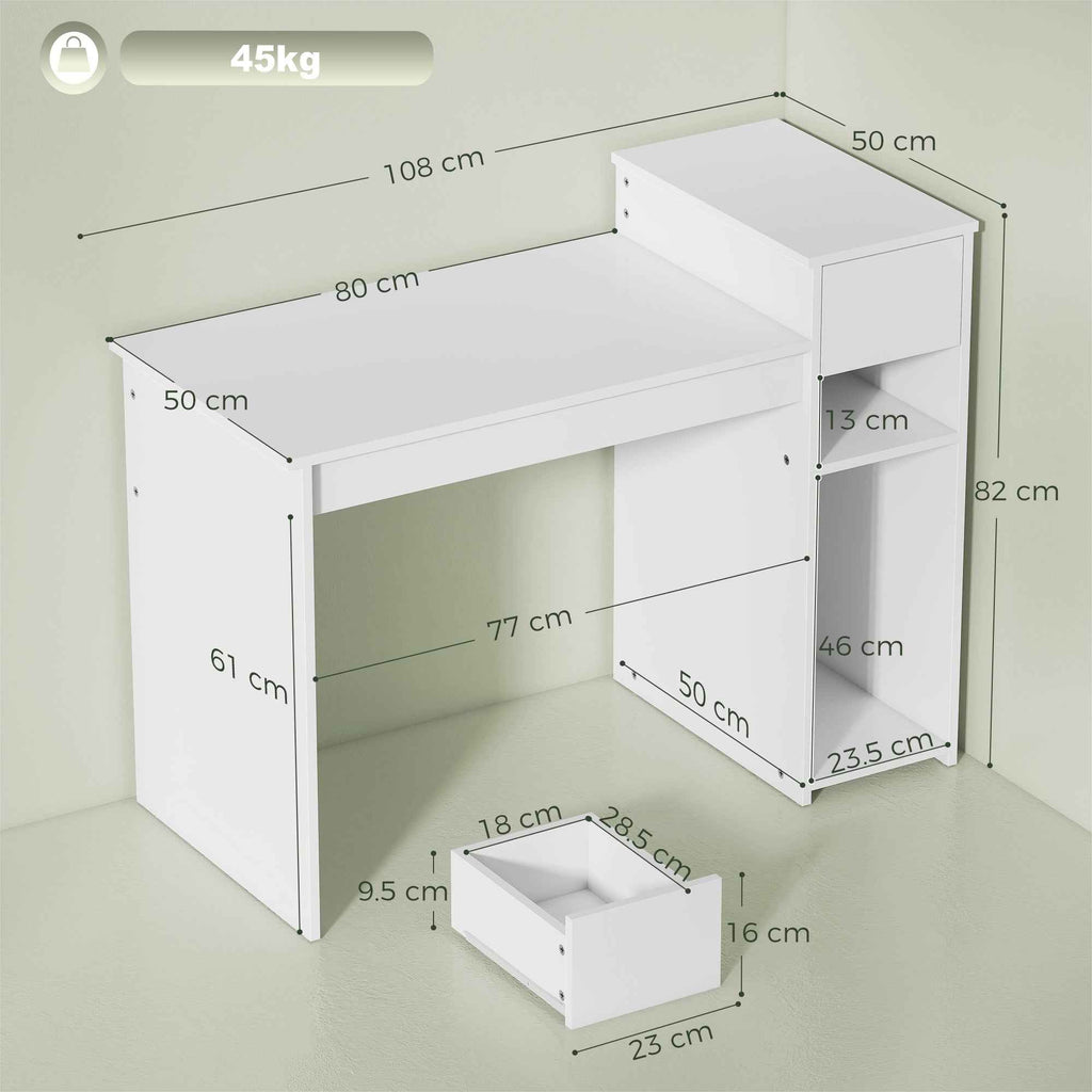 HOMCOM 108cm Study and Writing Desk with Drawer and Shelves, White