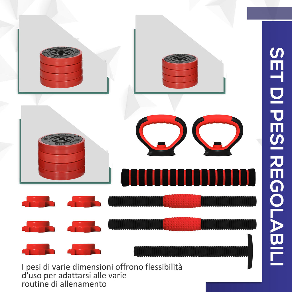 SPORTNOW 4 in 1 20kg Gym Weight Set, Convertible into Kettlebell, 2 Dumbbells, Barbell and Push-up Stand, Red