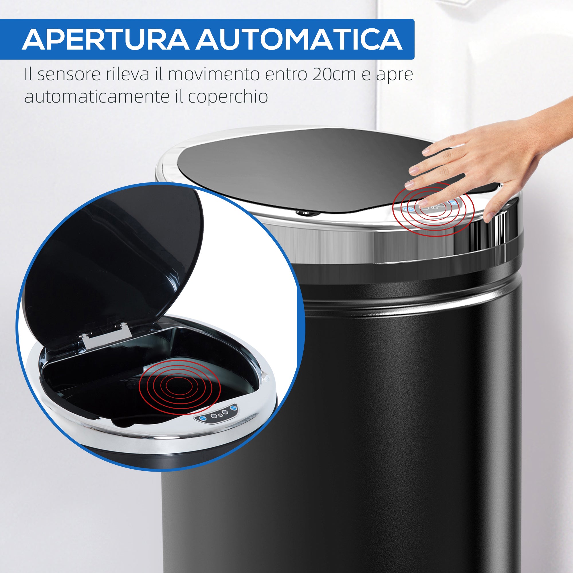 42L Automatic Trash Can with Infrared Sensor in Steel and Plastic, 30.5x30.5x68 cm