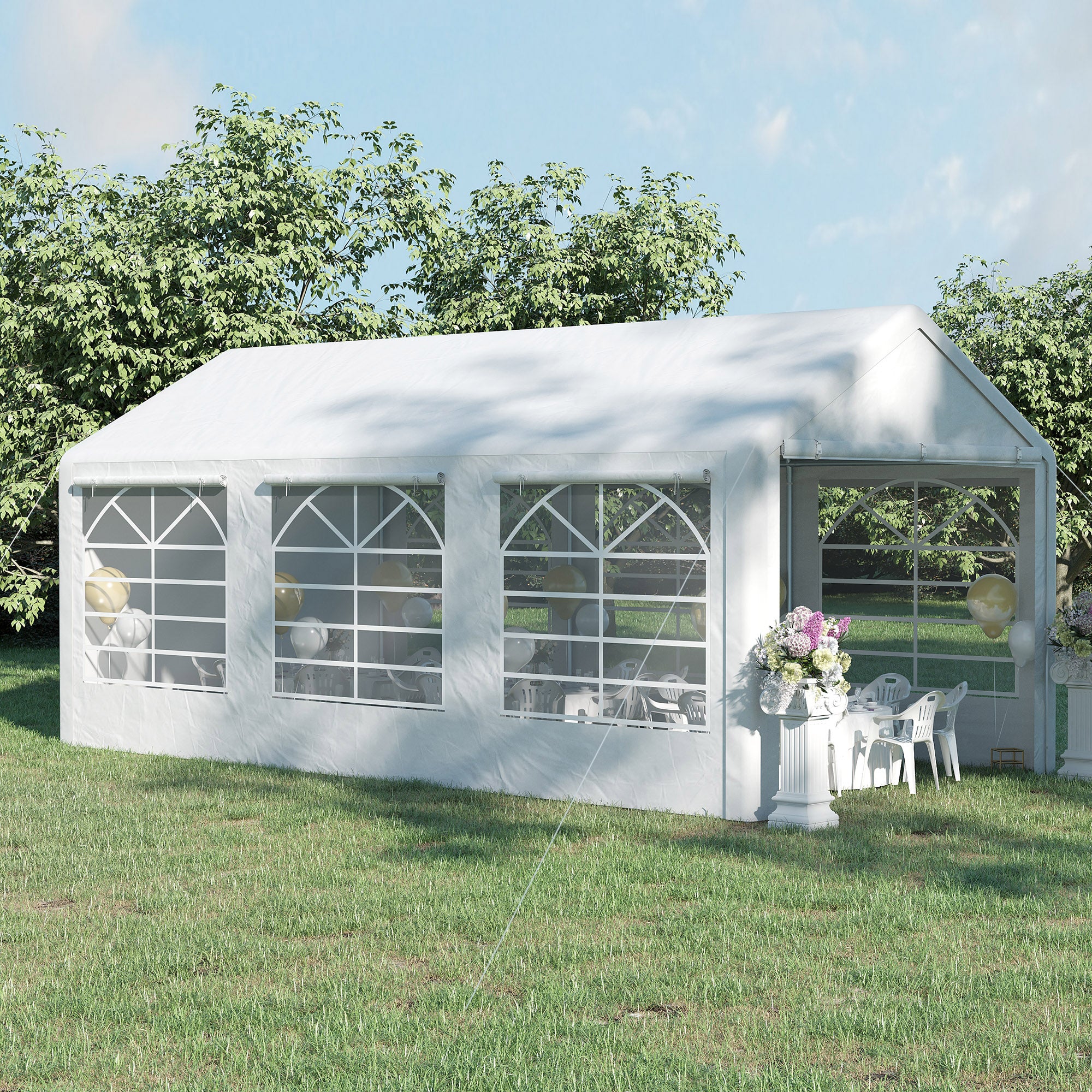 Garden Gazebo 6x3m with Side Windows, 3 Rooms and Hinged Doors, White