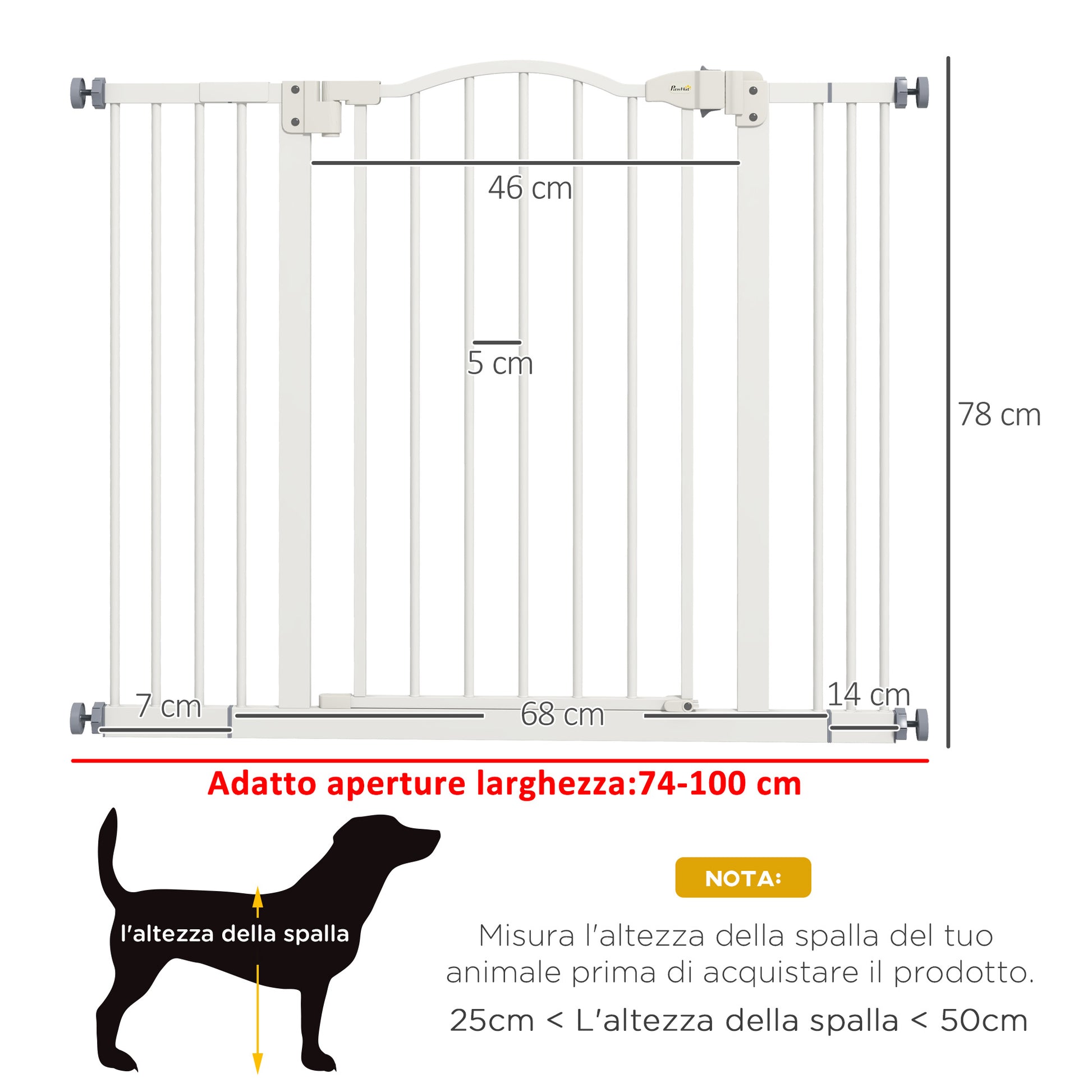 PawHut Extendable Dog Gate Without Screws Adjustable from 74-100 cm High 78 cm in Metal, White - Borgè