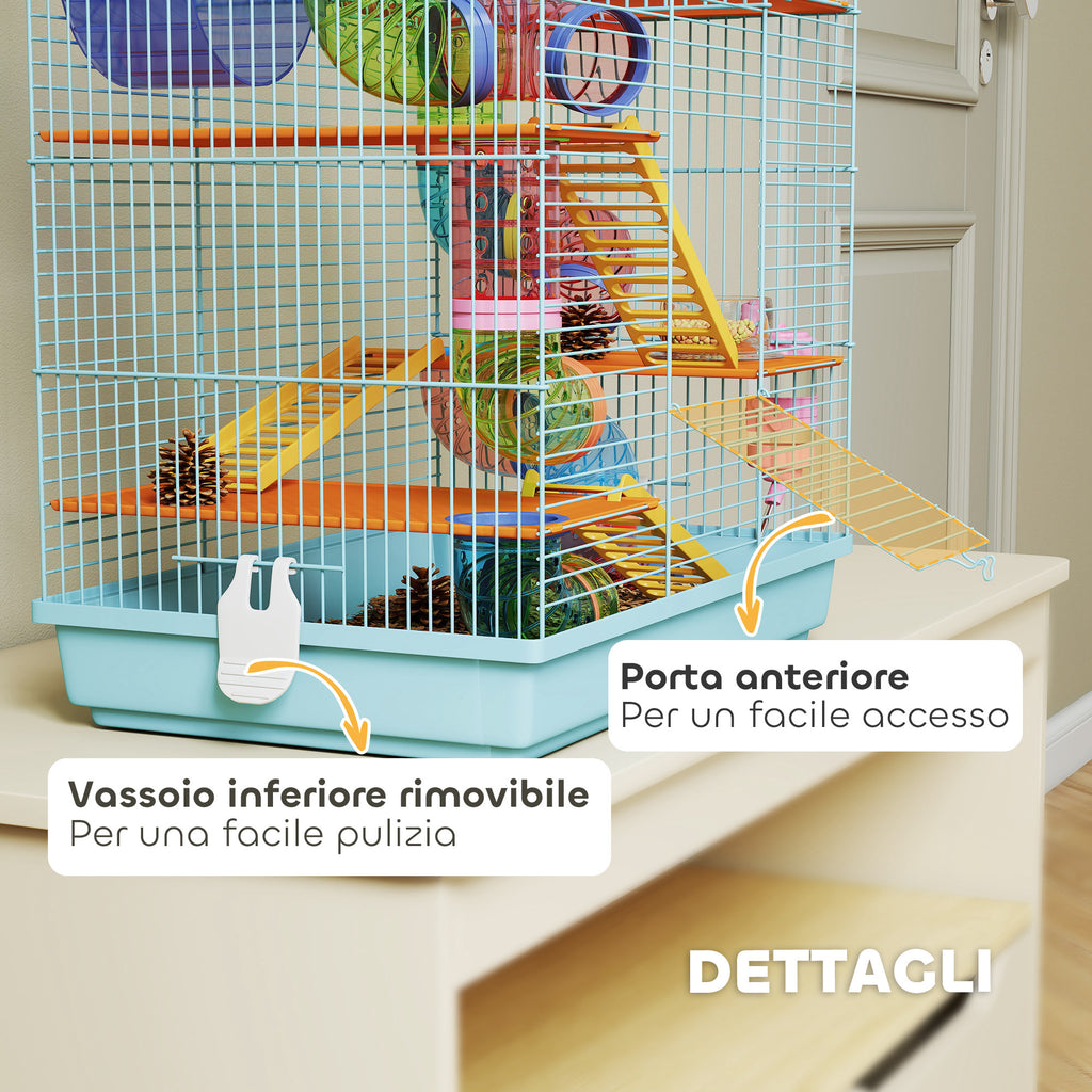 5-Story Hamster Cage with Colorful Tubes, Wheel, House and Accessories, 47x30x59 cm, Blue