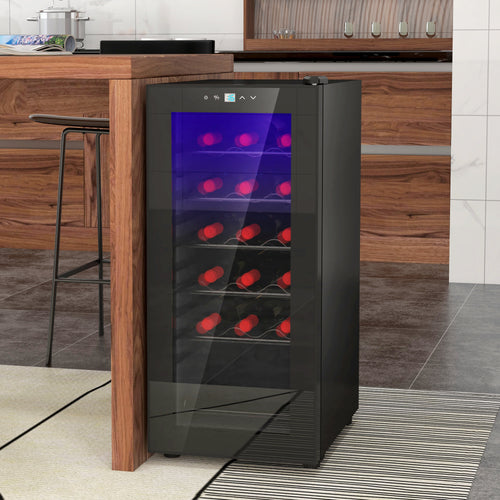 18 Bottle Wine Cooler with Digital Display, LED Light and Temperature Control, Black