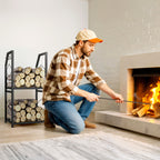 2-Tier Indoor and Outdoor Log Rack with 3 Side Hooks in Steel, 41x30x81 cm, Black