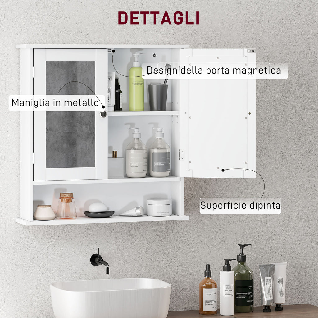 kleankin Wall-Mounted Bathroom Cabinet with 2 Mirrored Doors and Open Shelf, 56x13x58 cm, White