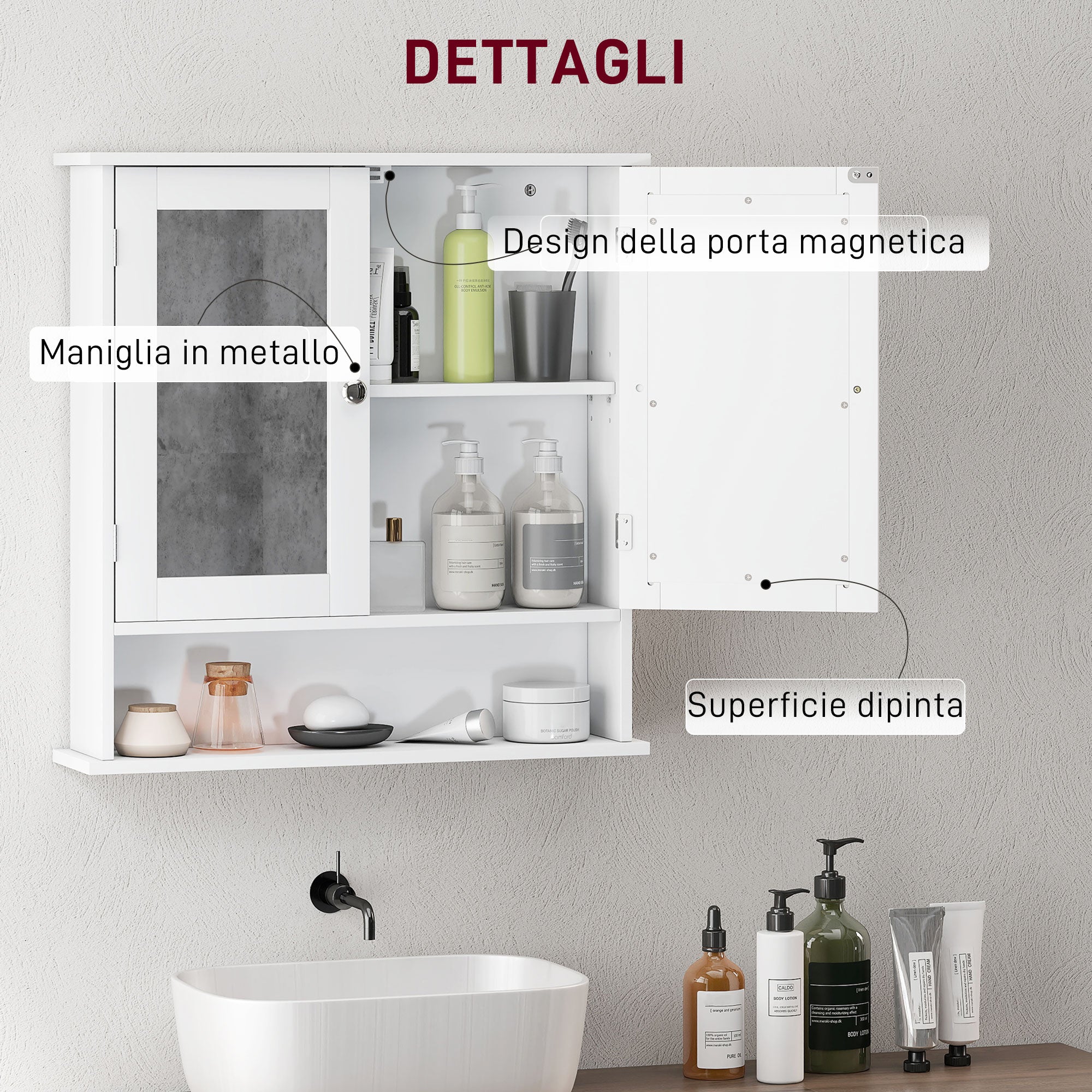 kleankin Wall-Mounted Bathroom Cabinet with 2 Mirrored Doors and Open Shelf, 56x13x58 cm, White