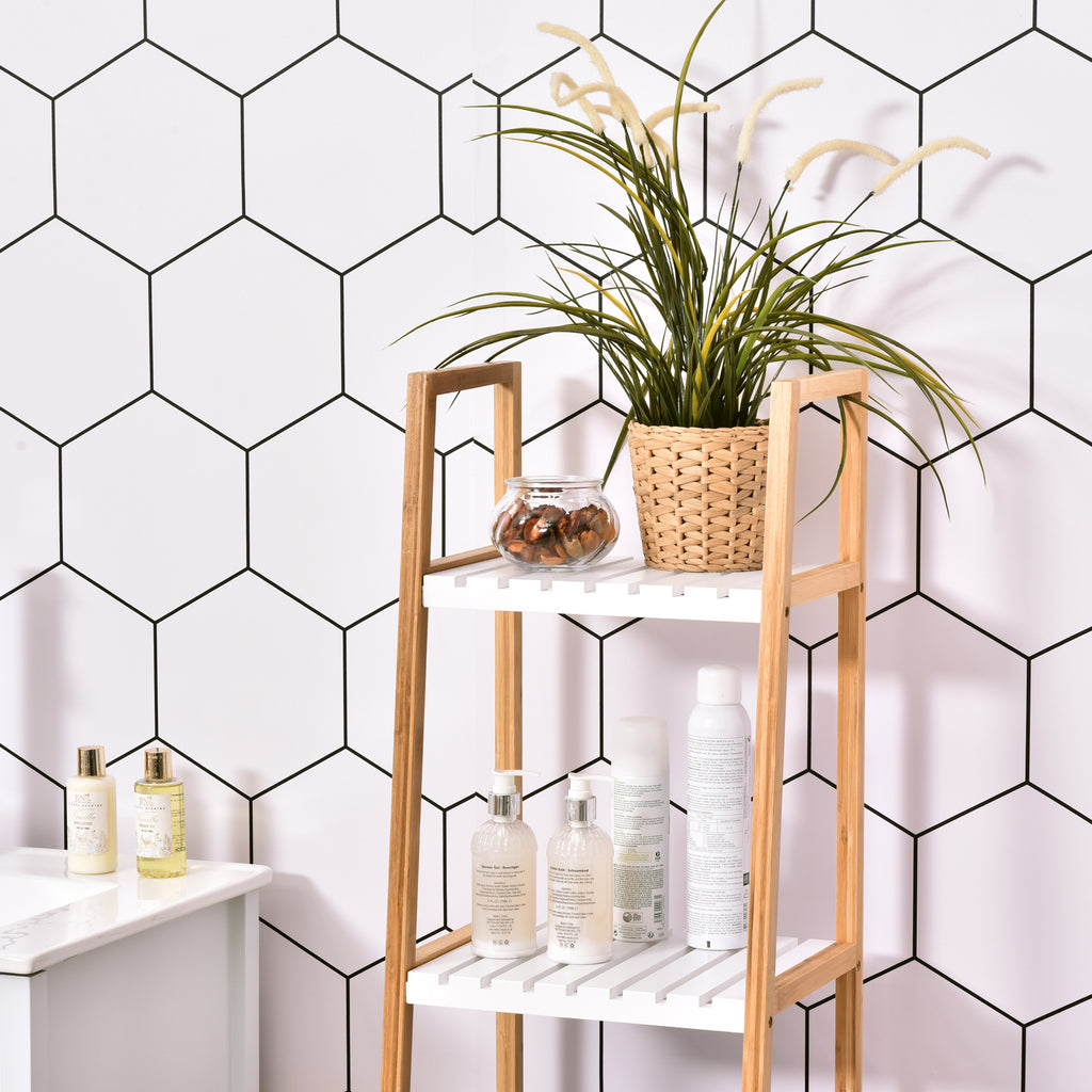 Ladder Bathroom Shelf with 4 Shelves in Pine and Bamboo, 35x36x138.5 cm, White and Wood