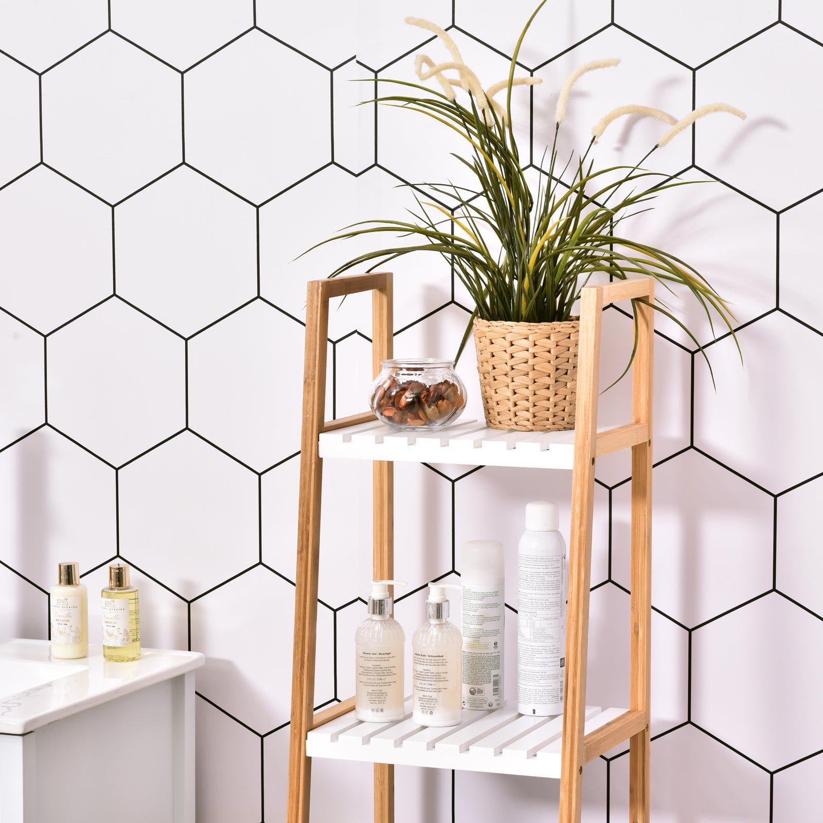 Ladder Bathroom Shelf with 4 Shelves in Pine and Bamboo, 35x36x138.5 cm, White and Wood