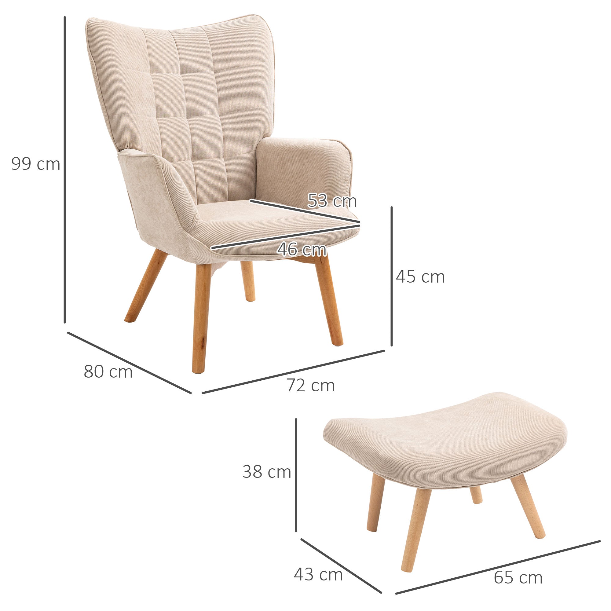 Relaxing Chair with Pouf Footstool in Corduroy with High Back and Armrests, Beige